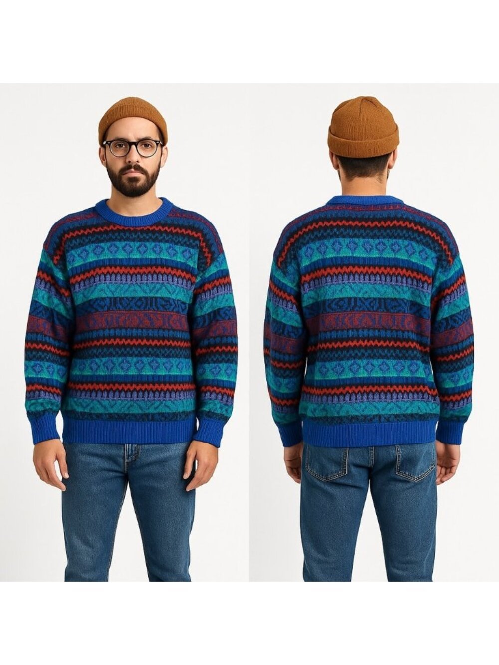 Vintage 80s 90s Fusilier 100% Wool Sweater Fair Isle Geometric Knit Blue Multi